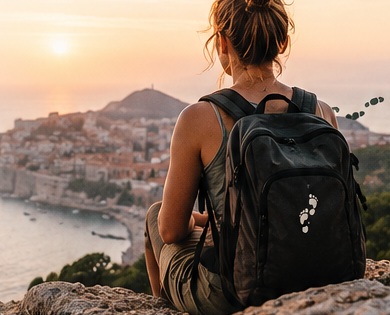 A backpacker overlooking a coastal city at sunset